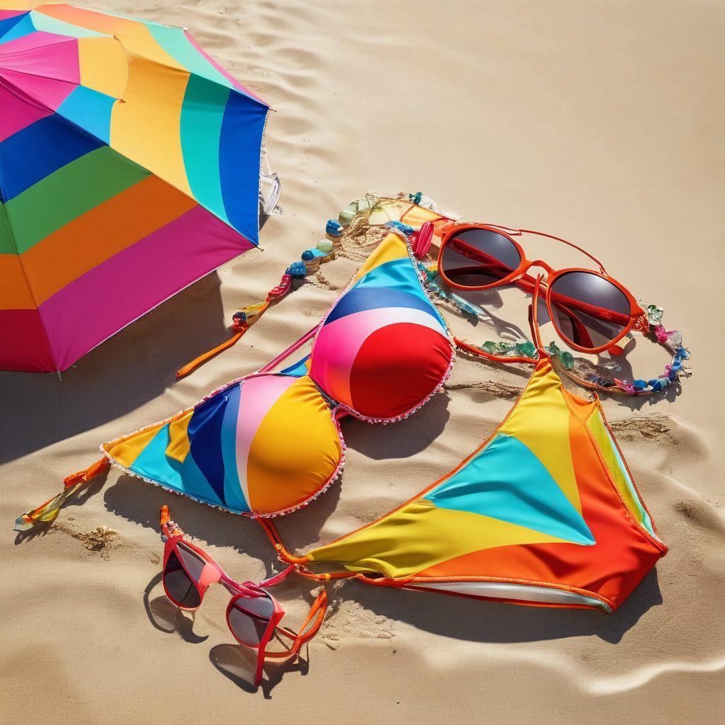 A stylish beach scene featuring a vibrant array of trendy two-piece bikinis displayed on a sandy shore, with colorful beach umbrellas and crystal clear waves in the background. Include fashionable accessories like sunglasses and beach hats. The image captures a sunny day with a sense of fun and freedom, showcasing the spirit of summer. vivid colors. super-realistic.